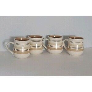 Pfaltzgraff Mugs Set of 4 Latte Pattern Hand Painted Tan Brown Stripe 4"